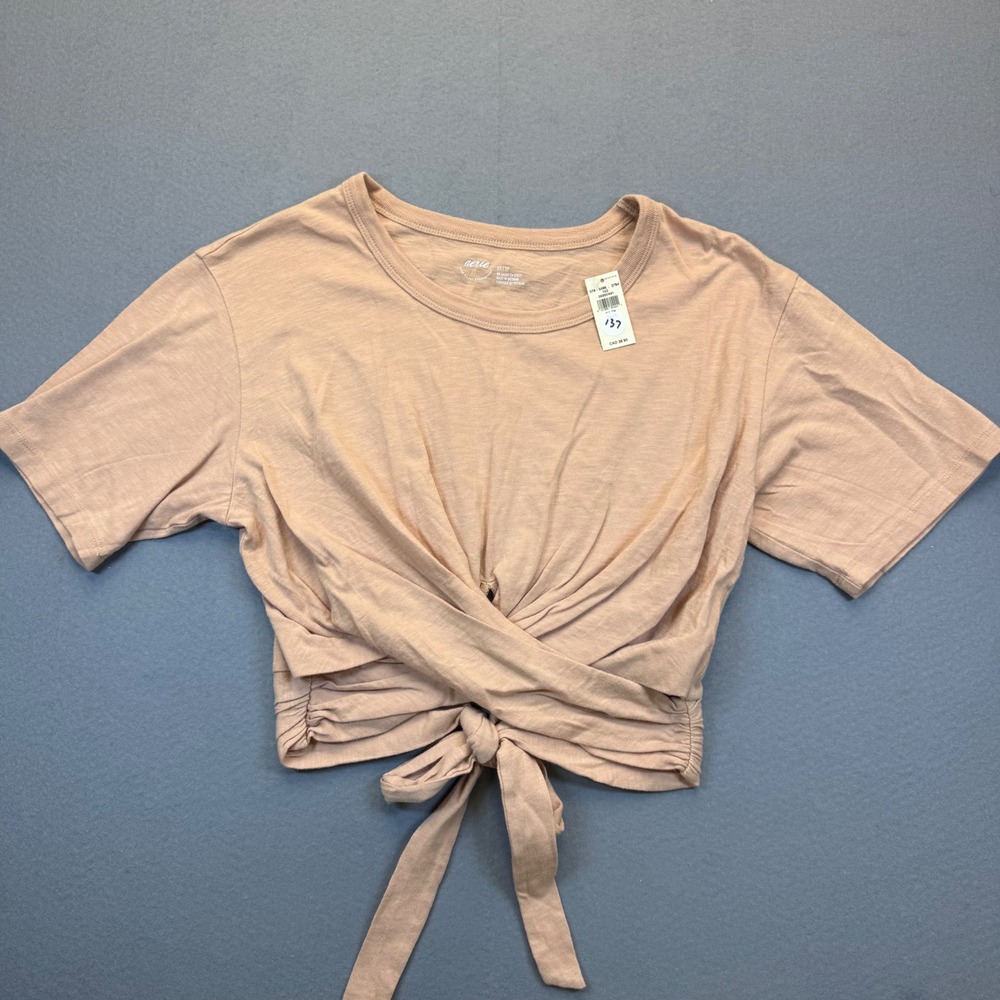 Aerie Women‎ XS Nude Peach Cotton Front Tie Wrap Crop Top Short Sleeve 078-5496